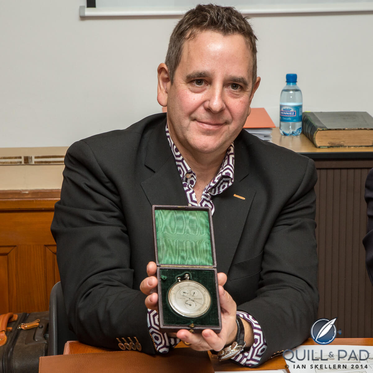 Jean-Marie Schaller, CEO and creative director of the modern Louis Moinet band, proudly holding the Compteur de Tierces