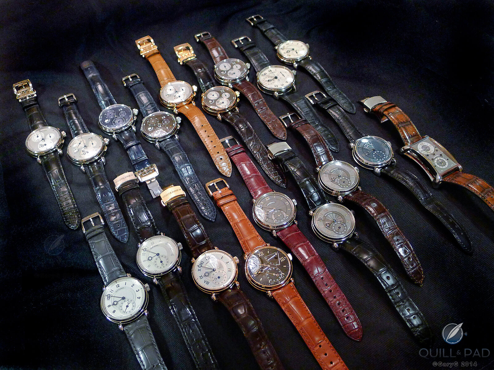 A collection of Kari Voutilainen watches at a collector dinner: three types of chronographs (series 1, series 2, mono pusher), Observatoire, Vingt-8, Cal. 27, Masterpiece No. 8 Decimal Repeater, and V8-R