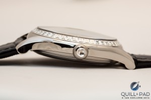 Diamond-set bezel and diamond cabochon of the gem-set Galet Micro-Rotor by Laurent Ferrier