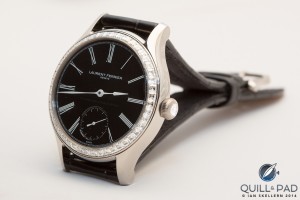 Diamond-set bezel and diamond cabochon of the gem-set Galet Micro-Rotor by Laurent Ferrier