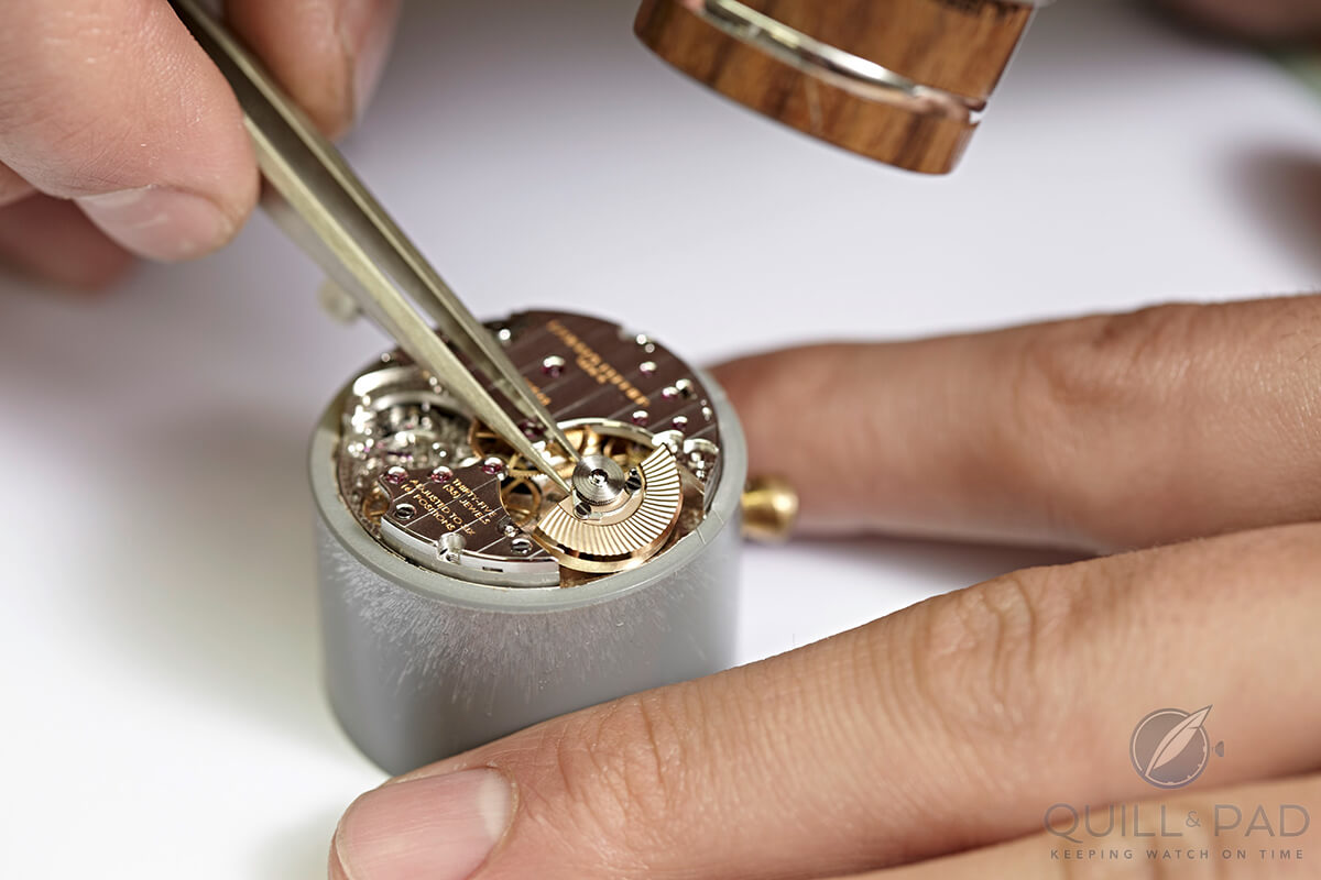 Inserting the solid gold micro-rotor into the Laurent Ferrier caliber FBN229.01