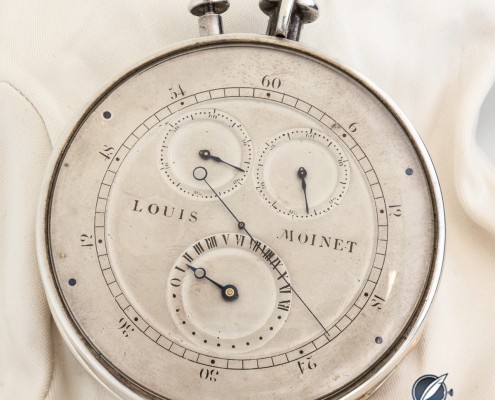 The Louis Moinet Compteur de Tierces has four displays: a long central hand rotating once per second, and three sub dials indicating elapsed seconds, minutes, and hours