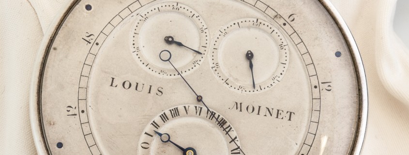The Louis Moinet Compteur de Tierces has four displays: a long central hand rotating once per second, and three sub dials indicating elapsed seconds, minutes, and hours