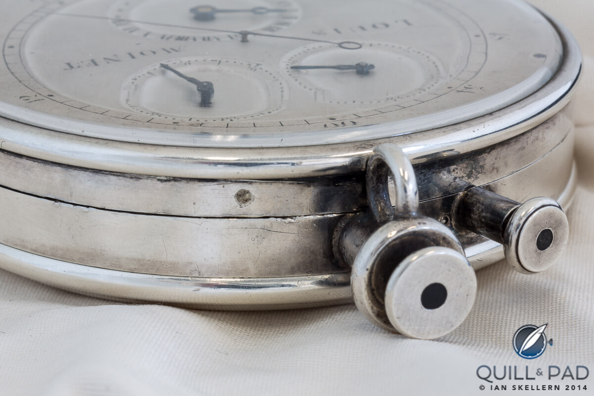 The Louis Moinet Compteur de Tierces has two chronograph pushers: one to start/stop the watch, the second to re-set the central 1/60th second hand to zero. A second operation is required to re-set the other counters
