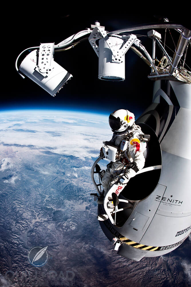 Felix Baumgartner about to jump from a gondola under a helium ballon on the 14th of October 2012. He set the world record for skydiving (an estimated 39 kilometres/24 mile), reached 1,357.64 km/h (843.6 mph) and on his descent became the first person to break the sound barrier without power.
