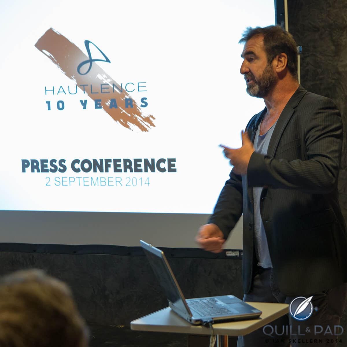 Hautlence ambassador Eric Cantona explaining his role at Hautlence at the brand's 10th anniversary press conference