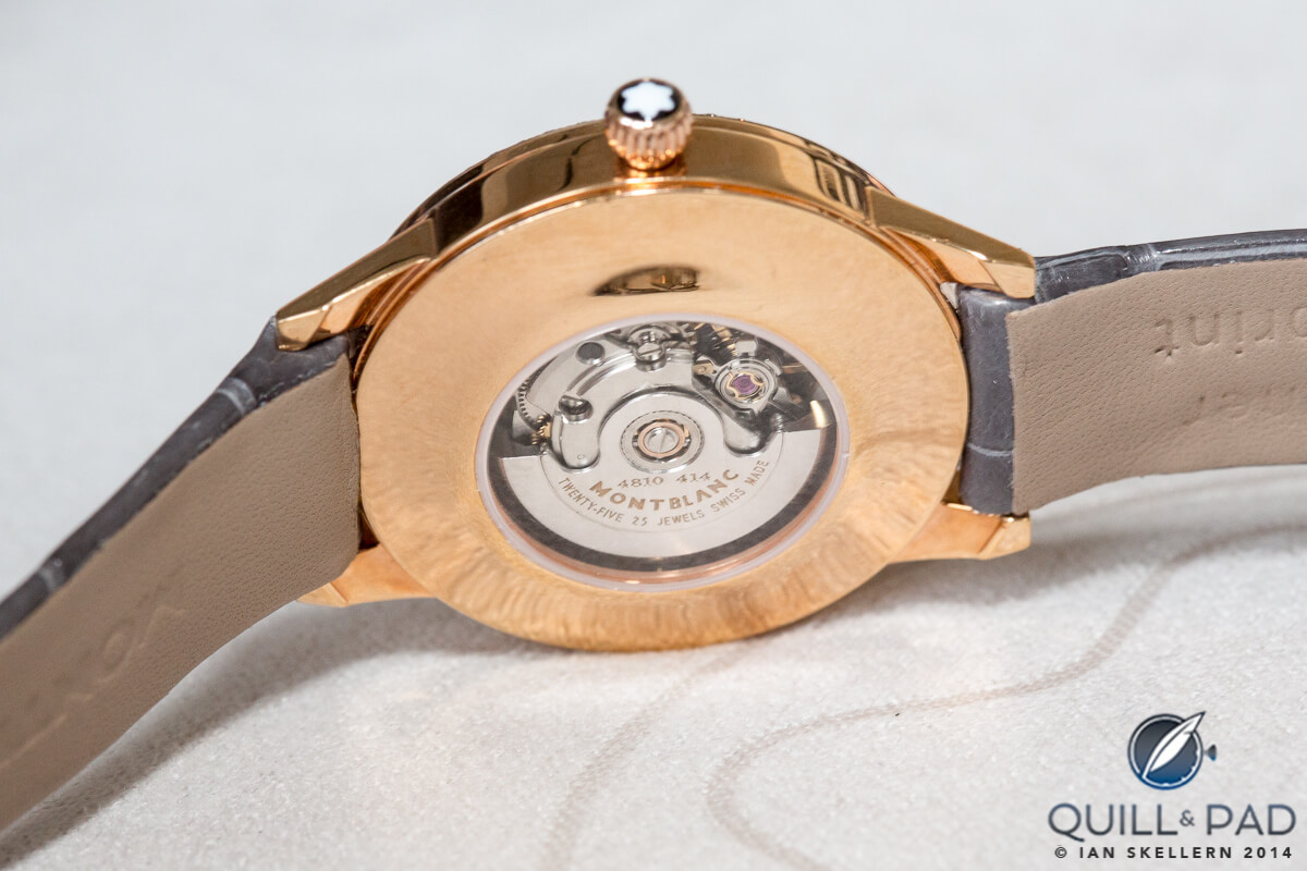 The Montblanc Bohème Date in a 30 mm red gold case: note the automatic movement