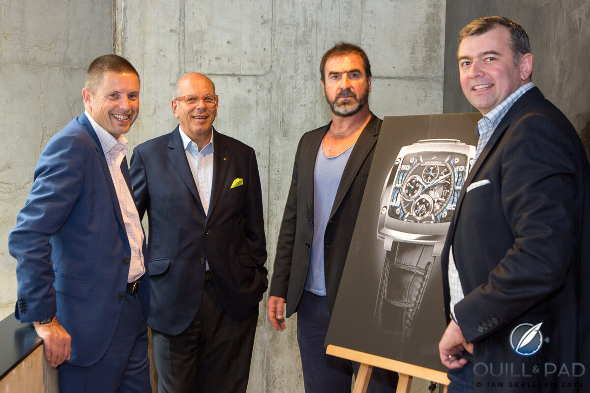 The Hautlence management team (L-R): Bill Muirhea (brand positioning), Georges-Henri Meylan (owner), Eric Cantona (ambassador) and Guillaume Tetu (CEO)