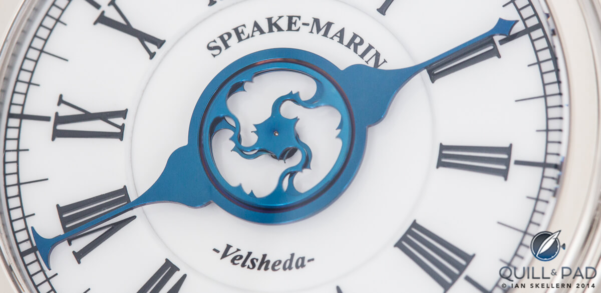 Close-up of the single hand of the Speake-Marin Velsheda, with rotating topping-tool shaped seconds wheel in the center