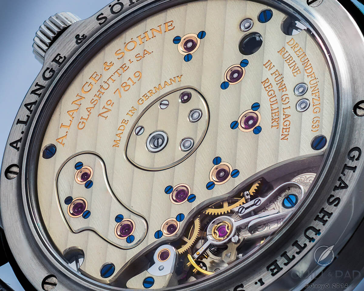 Movement of the 1998 A. Lange & Söhne Lange 1 in stainless steel