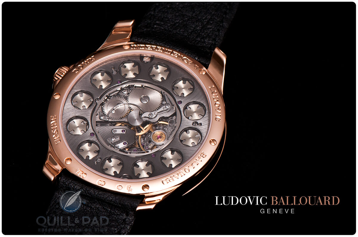 The intricate mechanisms visible on the back of the Ludovic Ballouard Upside Down