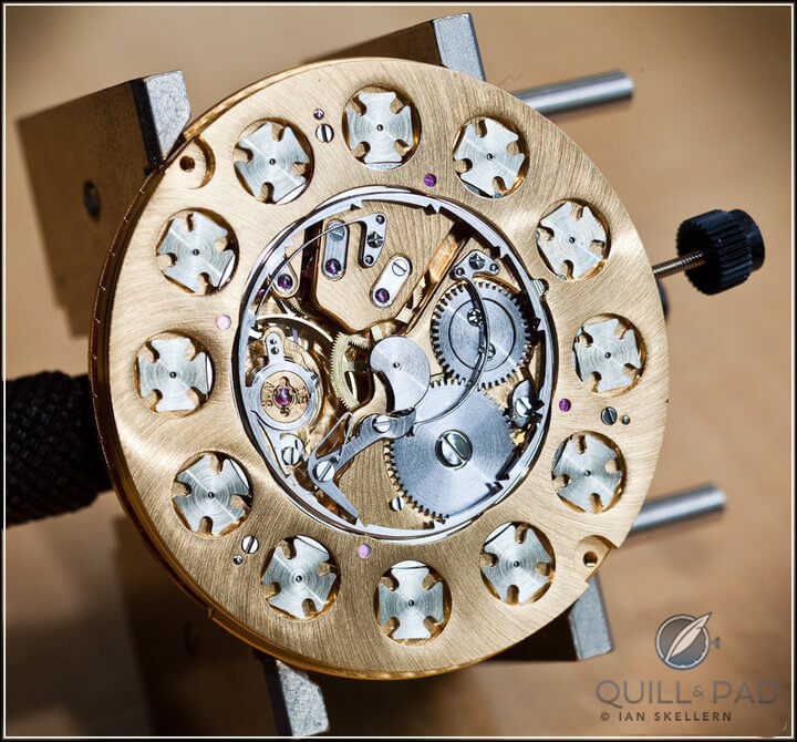 The back of a Ludovic Ballouard Upside Down movement being assembled