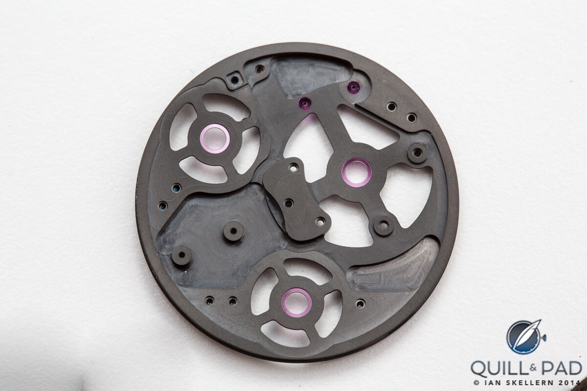 The complex shapes machined into the component underneath the main dial of the Ressence Type 3
