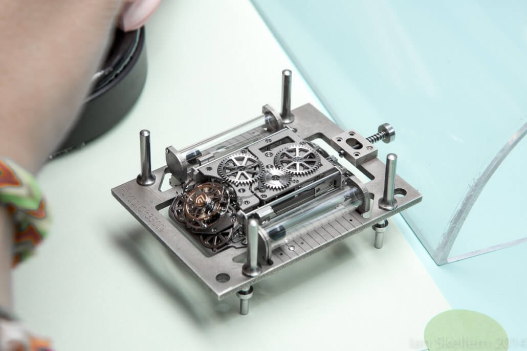 Christophe Claret X-TREM-1 movement in it's assembly support frame; the tubes with the indication balls are part of the frame, not the movement