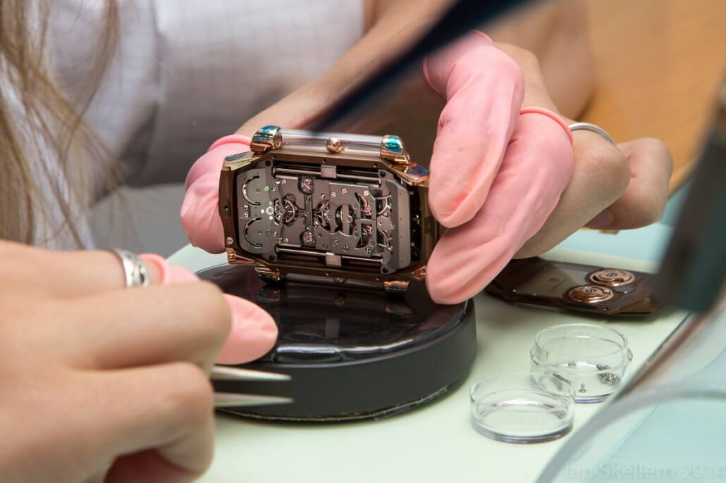 The movement of the Christophe Claret X-TREM-1 upside down in its case with the case back still to be fitted