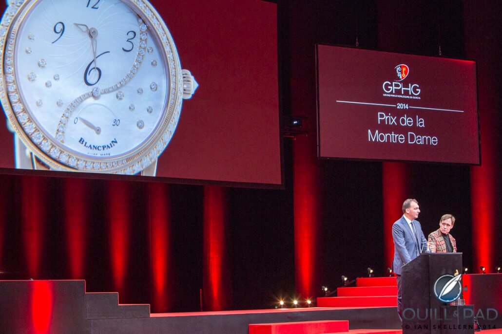 Blancpain's product director Vincent Becchia accepts the Ladies Watch award for the Off-Centered Hour