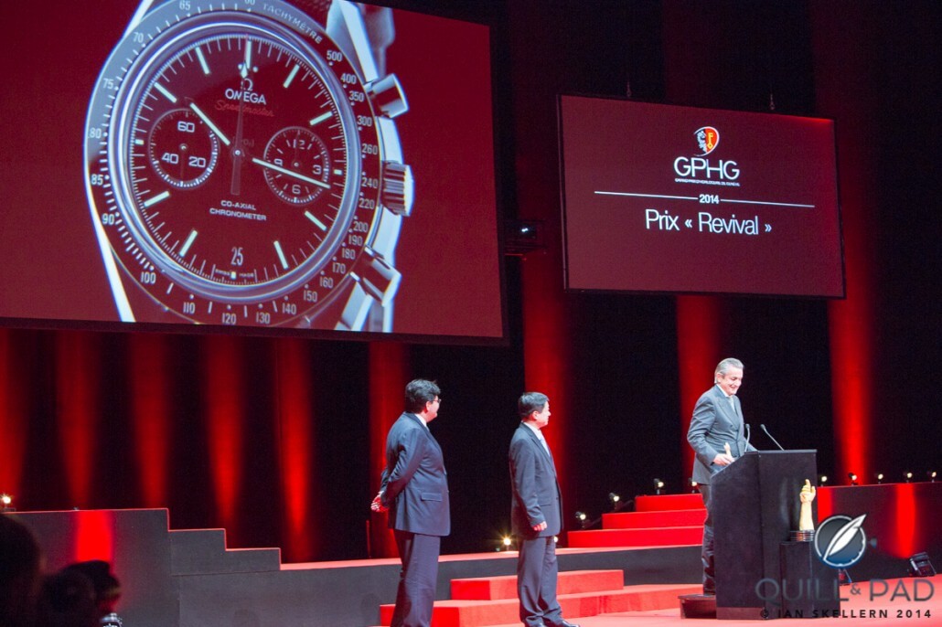 Omega CEO Stephen Urquhart accepts the Best Revival Watch prize for the Speedmaster Dark Side Of The Moon