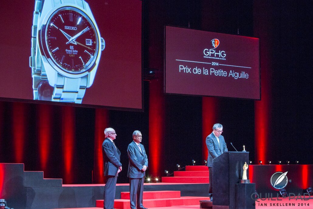 Susumu Kawanishi accepts the Petite Aiguille award (best watch under 8,000 Swiss francs) for the Grand Seiko Hi-Beat 36,000 GMT