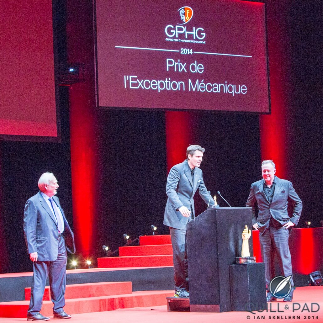 Philippe Dufour presented the Mechanical Exception award to Urwerk co-founders Felix Baumgartner and Martin Frei for the EMC