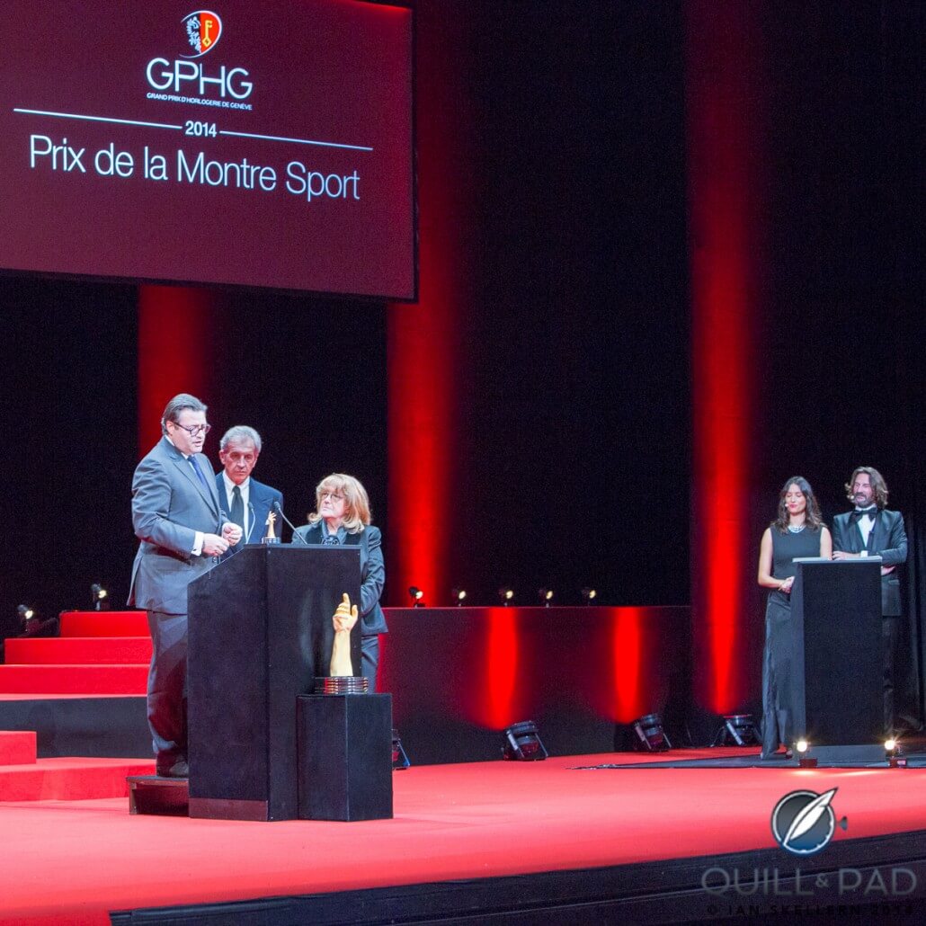 Zenith CEO Aldo Magada accepts the award for best sports watch for the El Primero Lightweight