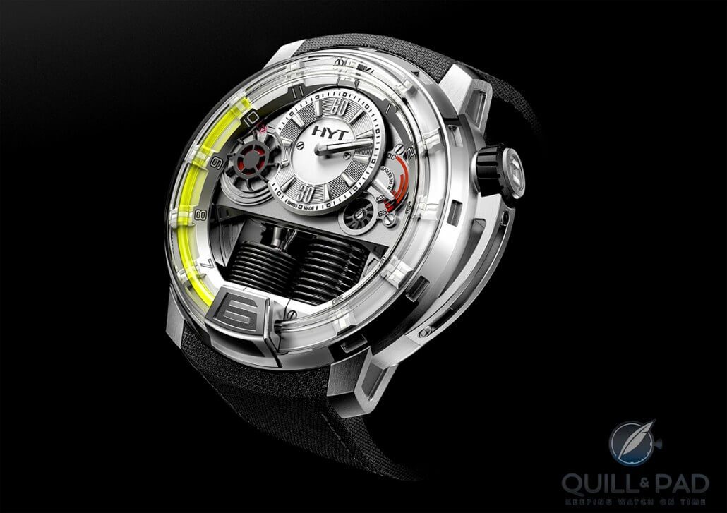 HYT H1 in titanium: the bright yellow fluid indicates the hours while a more traditional hand and dial display minutes