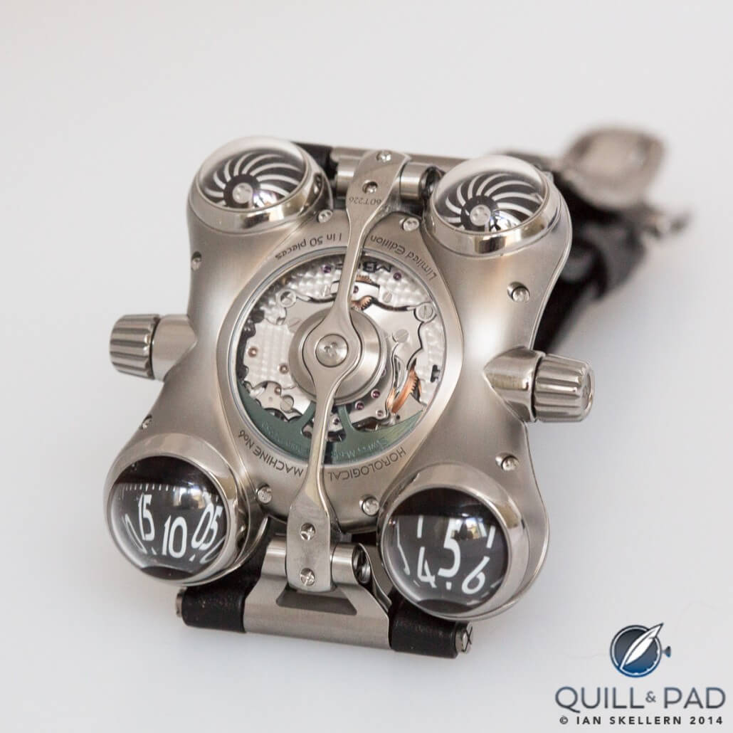 The back of MB&F's HM6 looks quite similar to the front, though it's harder to tell the time