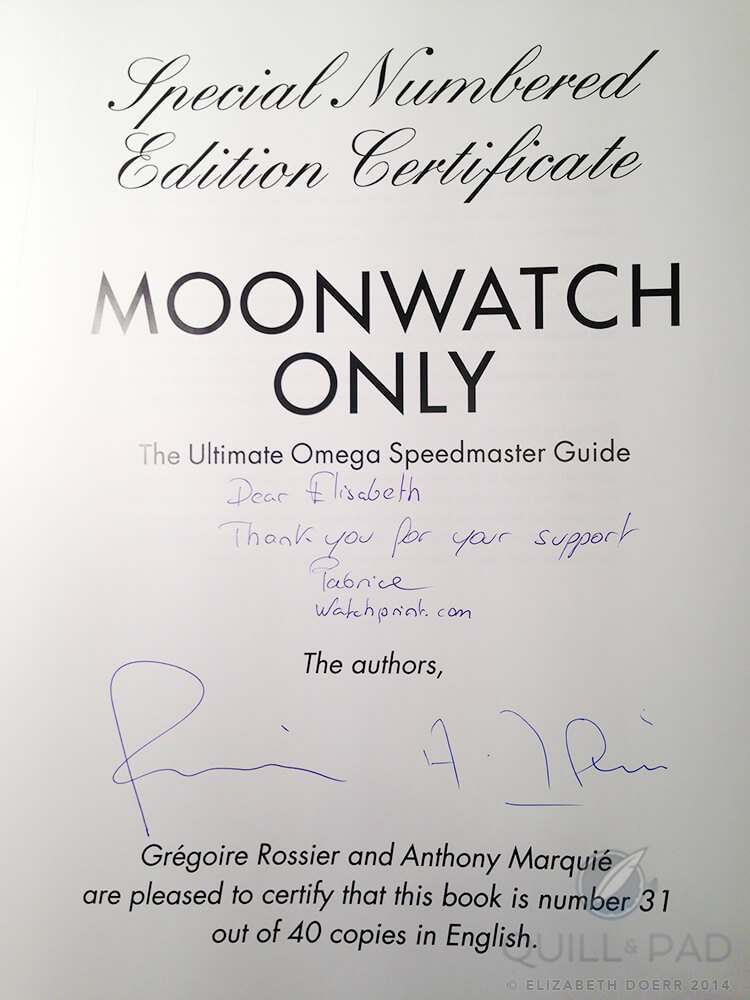 The author's signed copy of 'Moonwatch Only: The Ultimate Omega Speedmaster Guide'