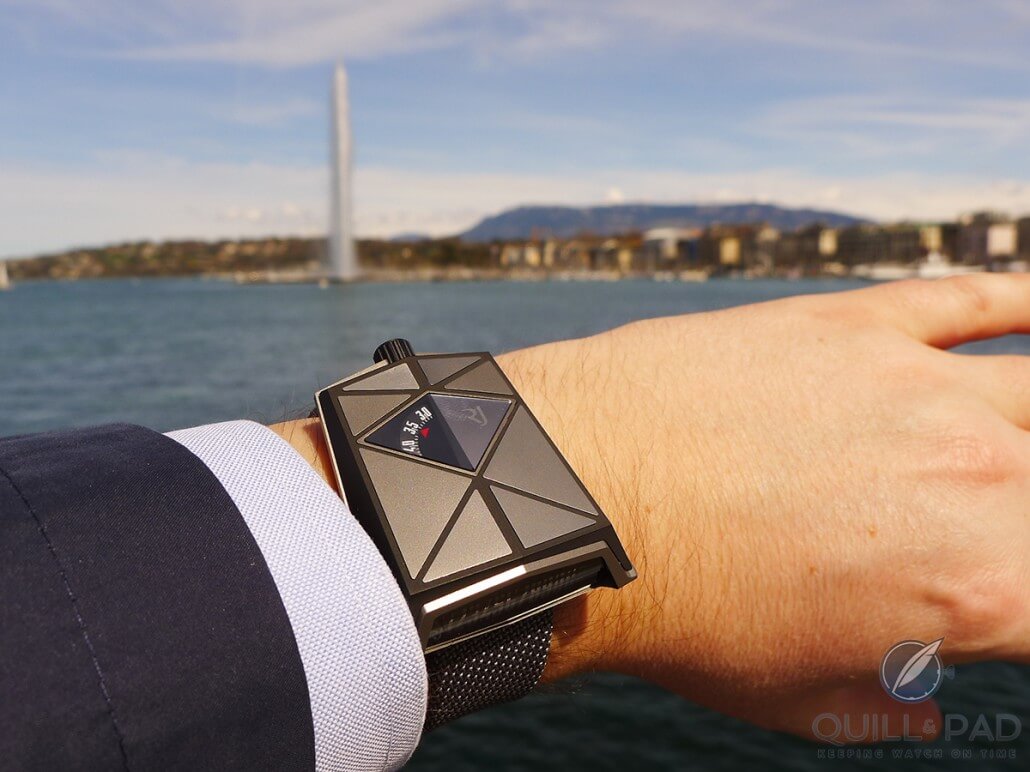 Romain Jerome Spacecraft on the wrist; what looks like a tower in the background is Geneva's Jet d'Eau (photo courtesy Francois-Xavier Overstake)