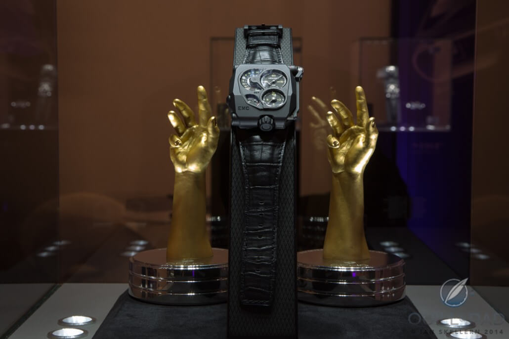 The Urwerk EMC Black flanked by the two prizes it recently won at the Grand Prix d'Horlogerie de Genève