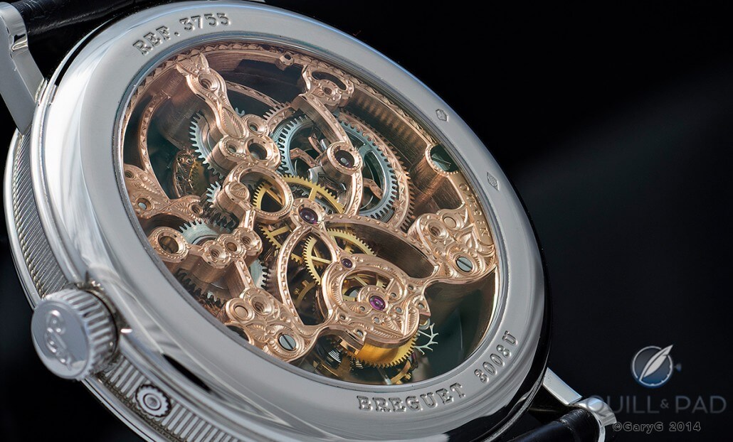 Extensive hand finishing, including skeletonization and chasing, on the Breguet Reference 3755