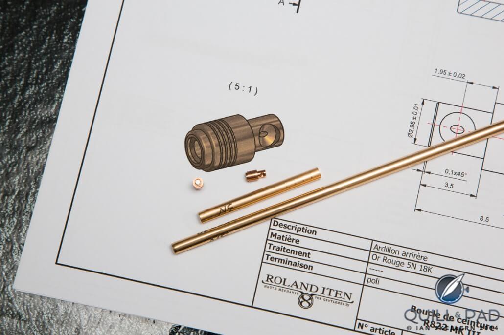 One of the small diamond-set components from the R822 calibre buckle, from technical drawing to raw metal bar to finished piece