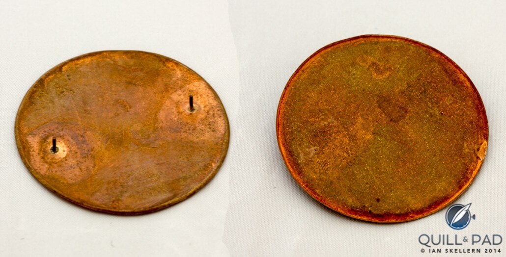 Top and bottom of copper dial blanks; you can see the positioning pins (
