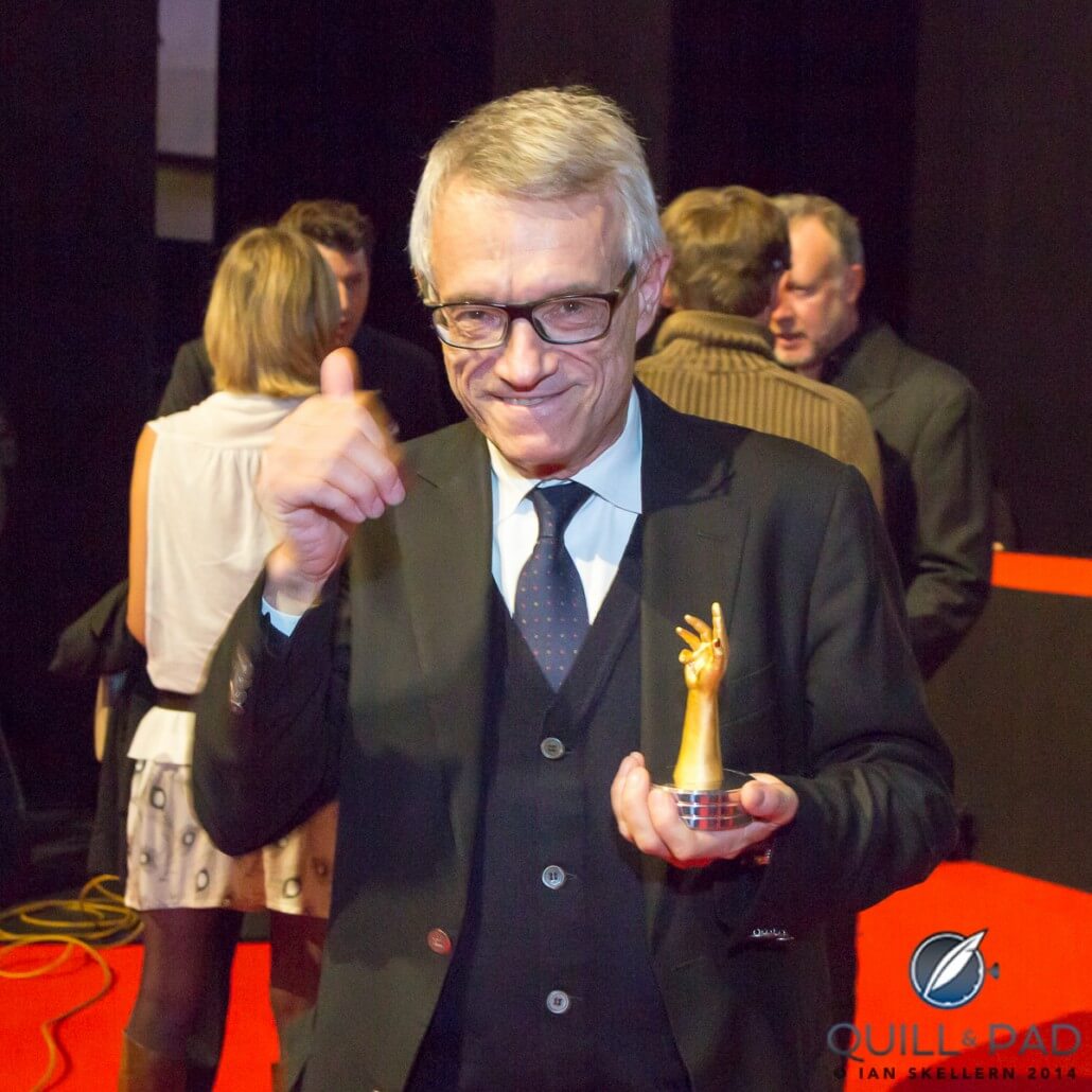 Dr. Helmut Crott, appearing very pleased with the prize for best Men's watch (Urban Jürgensen Central Seconds) at the 2014 Grand Prix d'Horlogerie de Genève