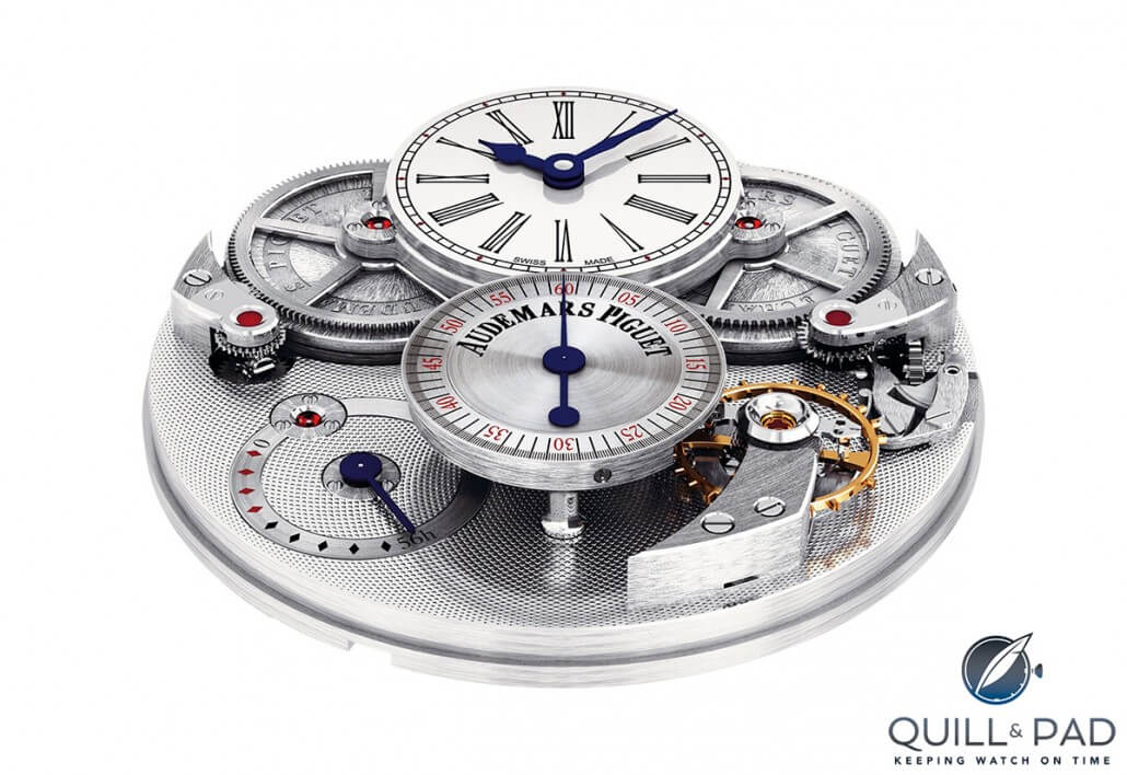 The top of the movement and indications of the Jules Audemars Chronometer; the two spring barrels are visible on either side of the hour/minute dial