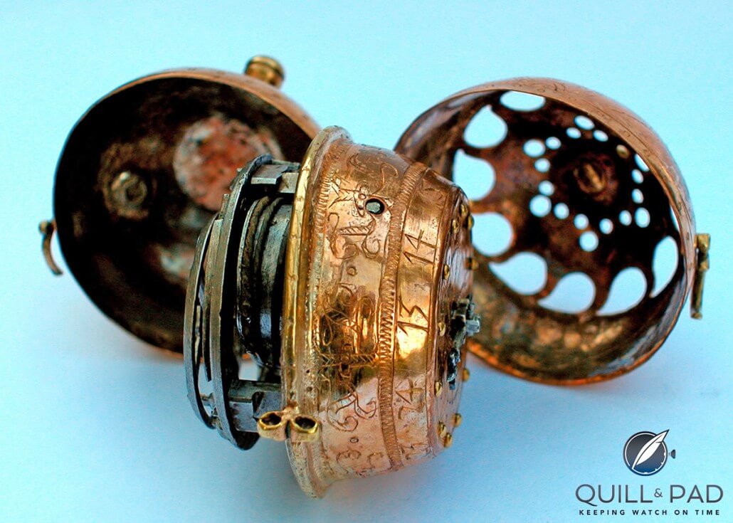 The intricately engraved case of Peter Henlein's Pomander Watch (credit: www.peterhenlein.de)