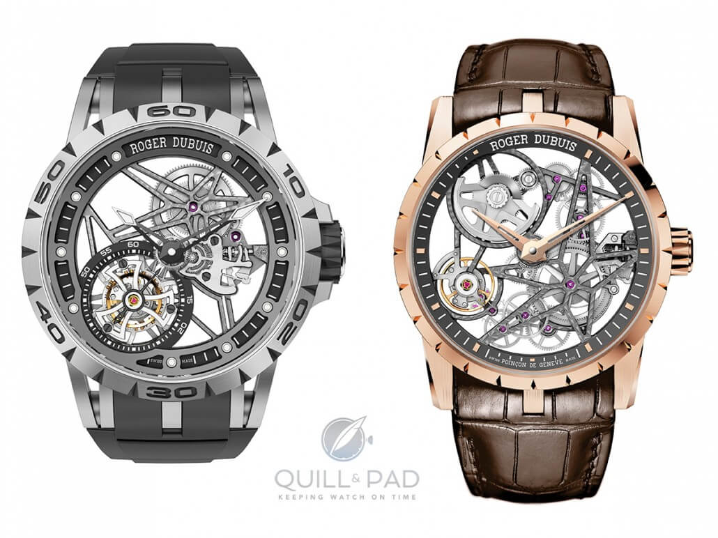 Roger Dubuis Excalibur Spider Skeleton Flying Tourbillon (left) and Excalibur Automatic Skeleton (right)