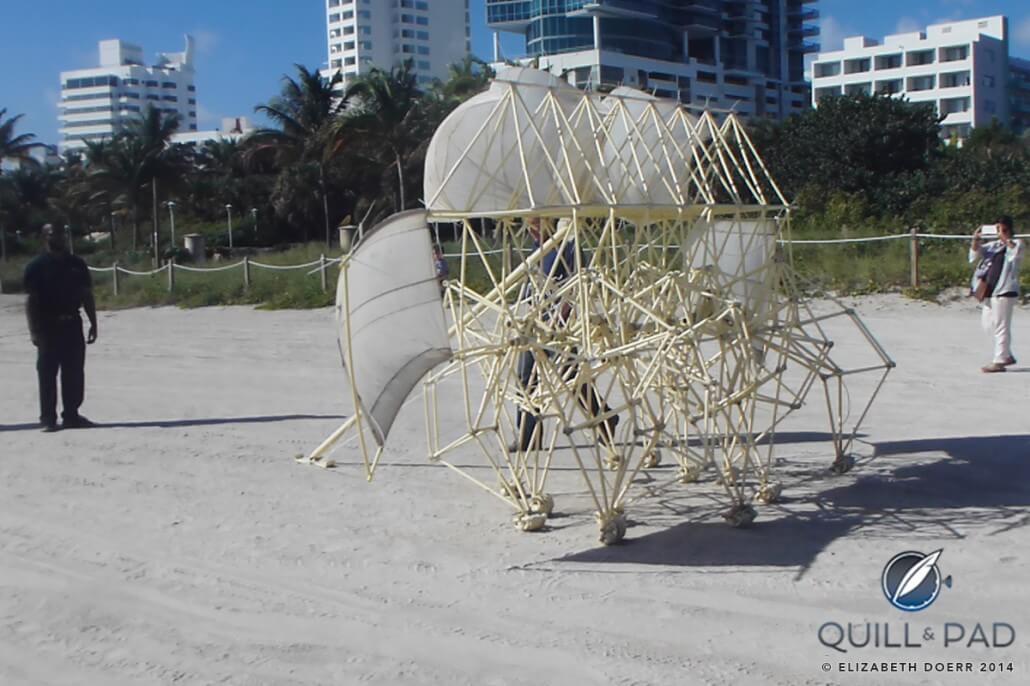 A Theo Jansen Strandbeest going for a walk on the beach during Art Basel Miami 2014