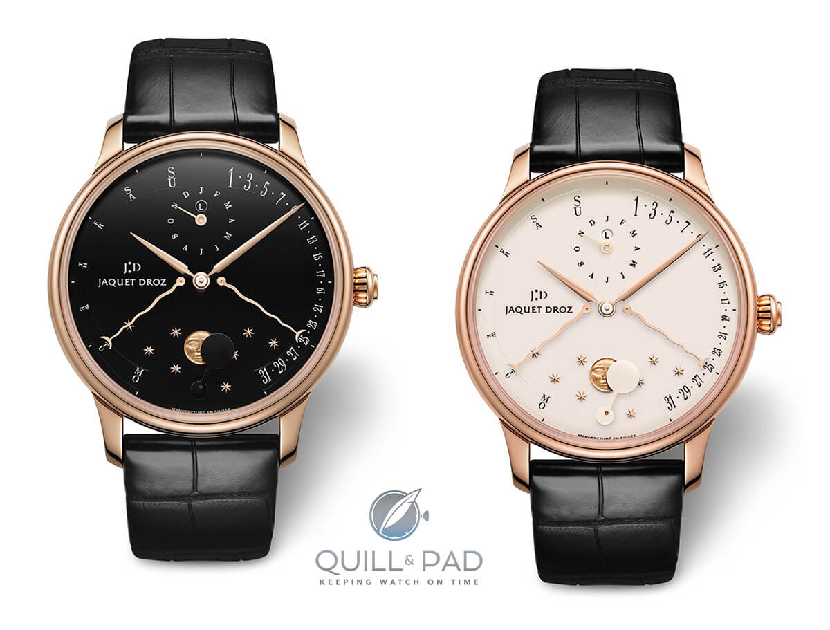 The Jaquet Droz Perpetual Calendar Éclipse is available with either a black or ivory ivory grand feu enamel dial