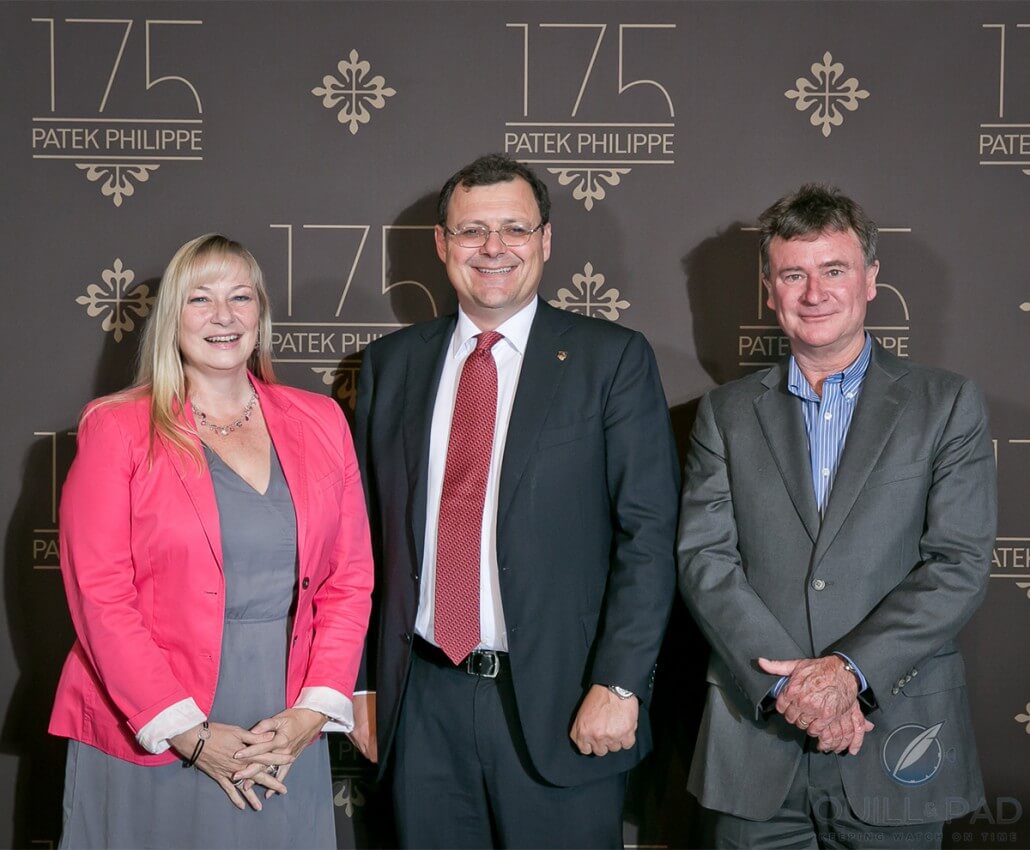 Patek Philippe CEO Thierry Stern (center) with Quill & Pad's Elizabeth Doerr (left) and Ian Skellern (right) at the brand's 175-year anniversary celebration