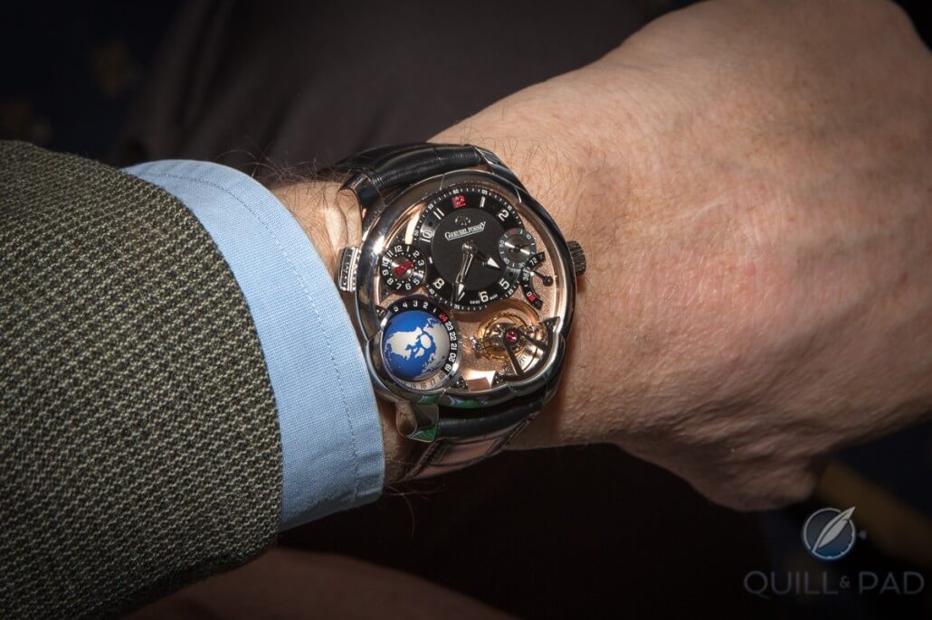 Greubel Forsey GMT in white gold with red gold dial on the wrist