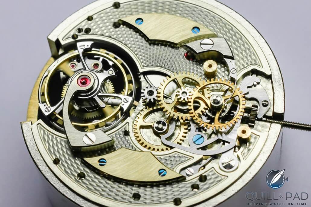 The hand-guilloche main plate replaces a dial on the RGM Pennsylvania Tourbillon
