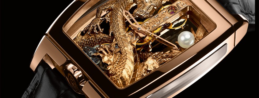The meticulously engraved dragon wraps around the movement of the Corum Golden Bridge