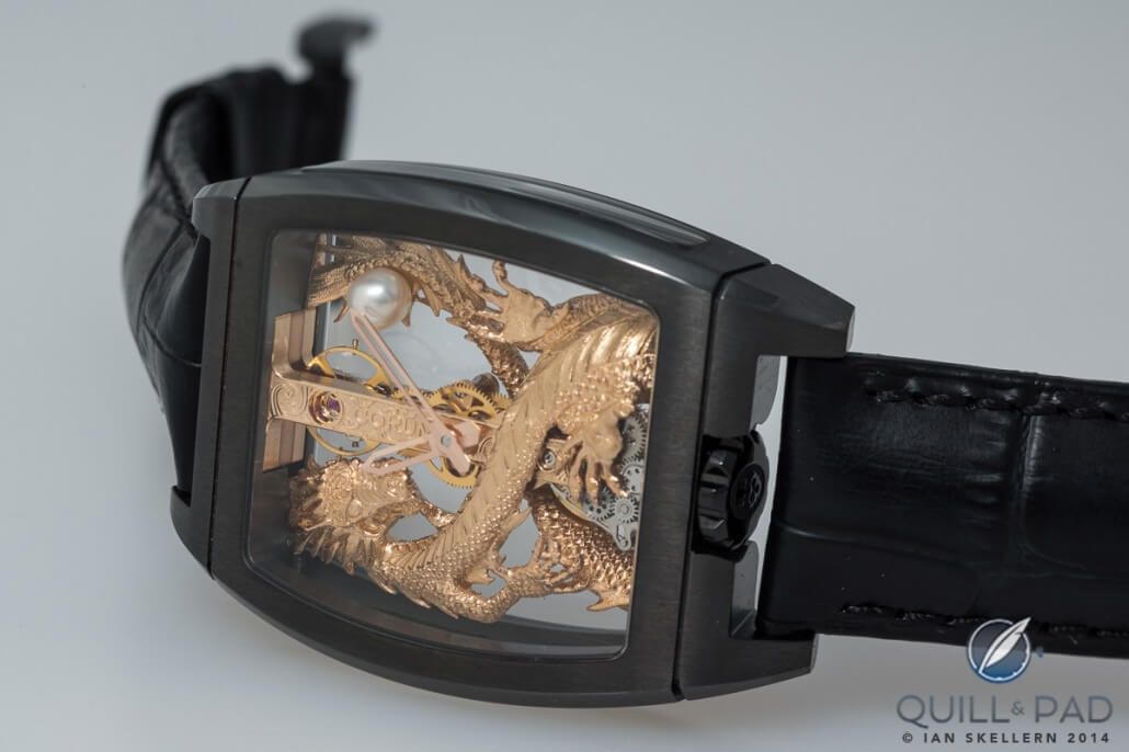 Corum Golden Bridge Dragon in a black DLC-treated titanium case