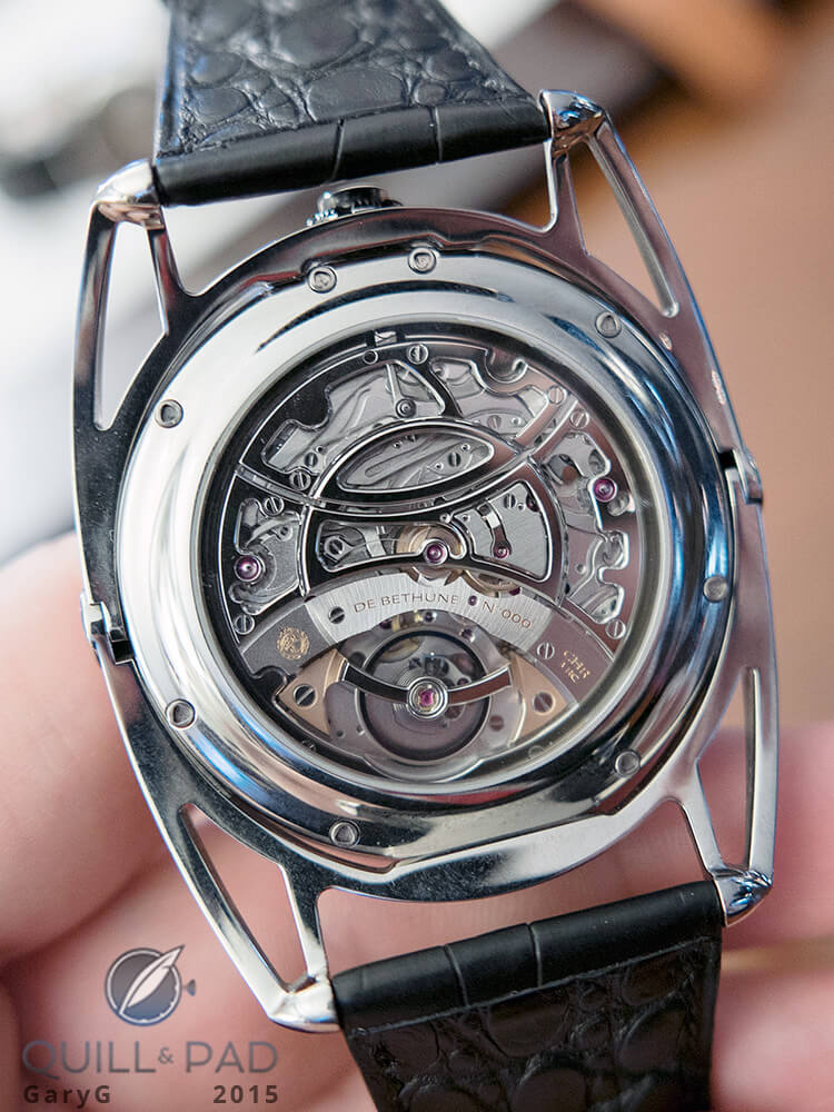 View from the back of the beautiful movement of the De Bethune DB28ST dead seconds tourbillon