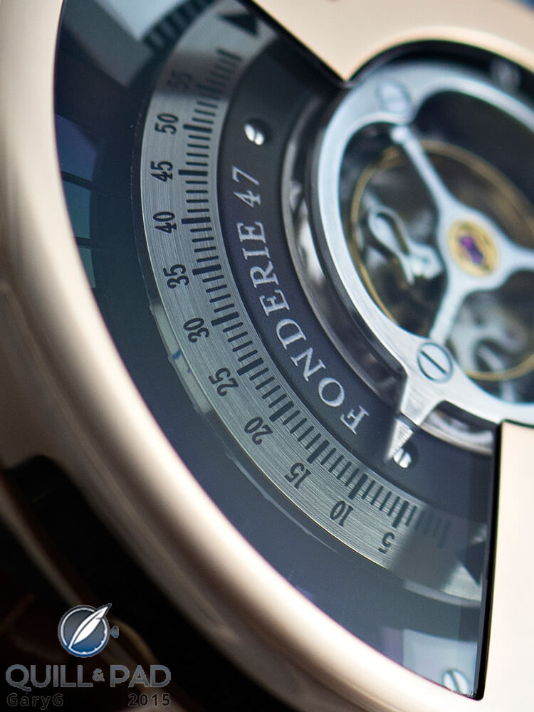 Seconds indicator of the three-minute flying tourbillon