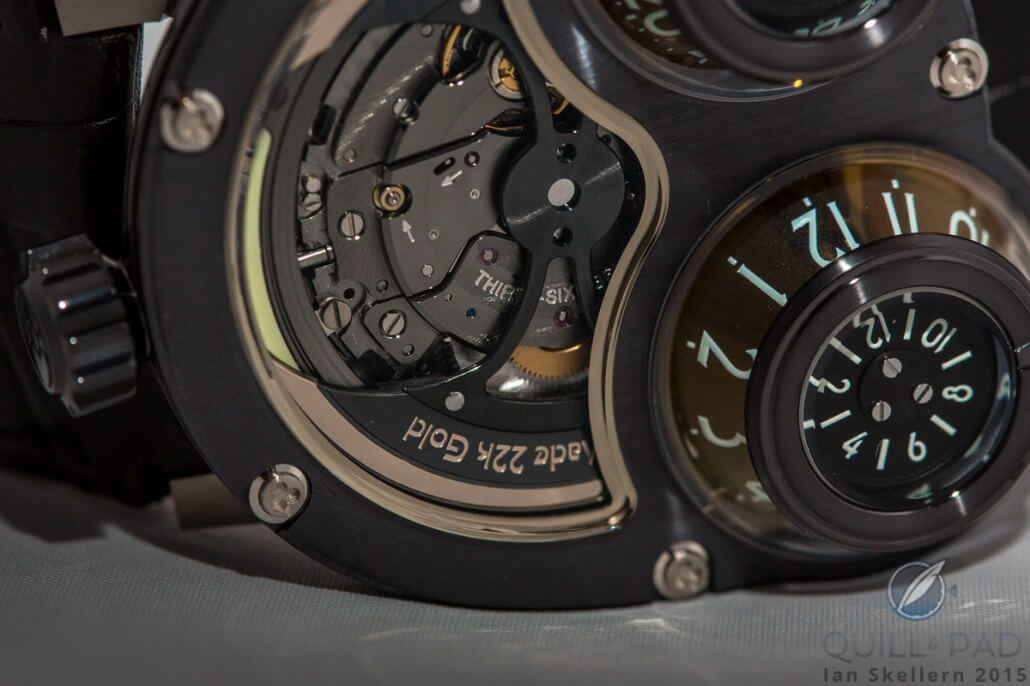 The HM3 movement may be dark on MB&F's Megawind FE, but it's still possible to appreciate its fine hand finishing