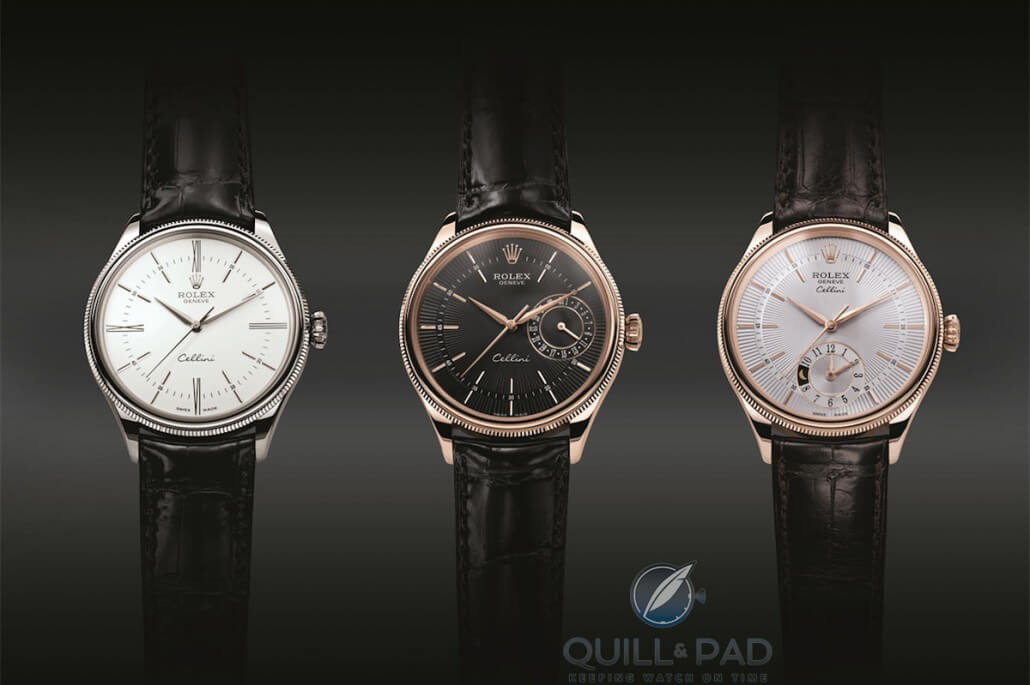 2014 Rolex Cellini collection: (L-R) Time, Date, and Dual Time