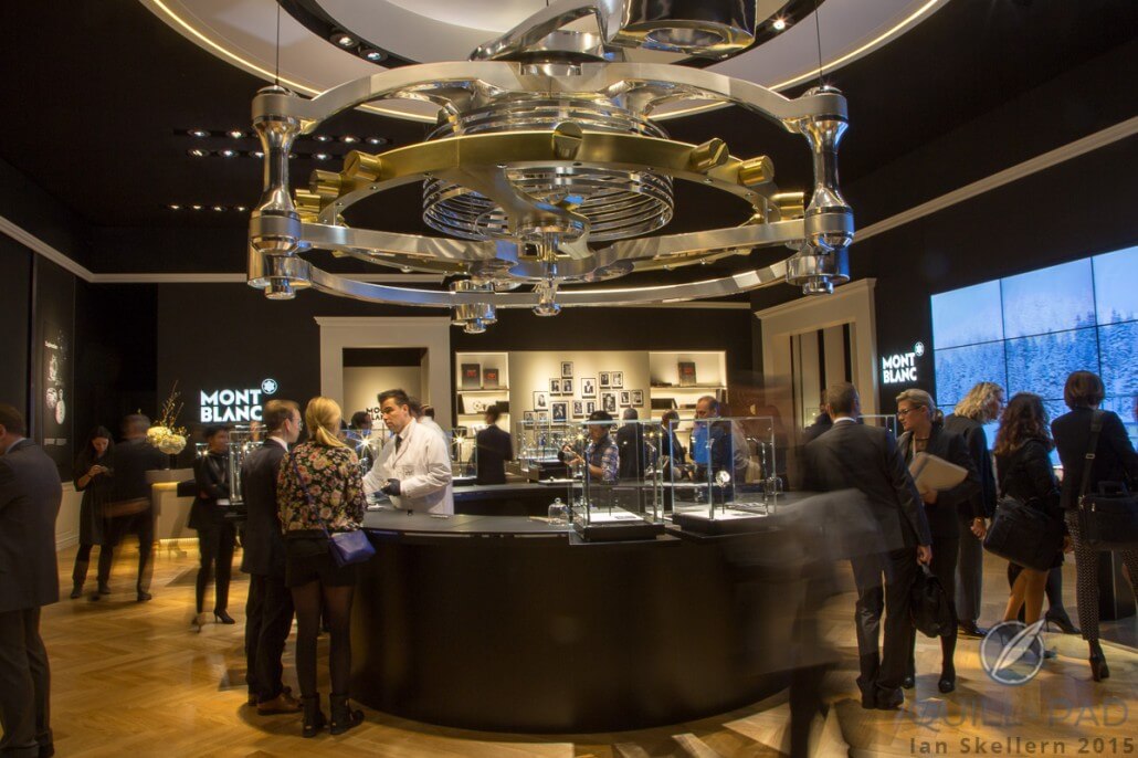 A massive 250 kg/550 lb tourbillon with cylindrical balance spring hanging from the ceiling at the 2015 Montblanc SIHH stand