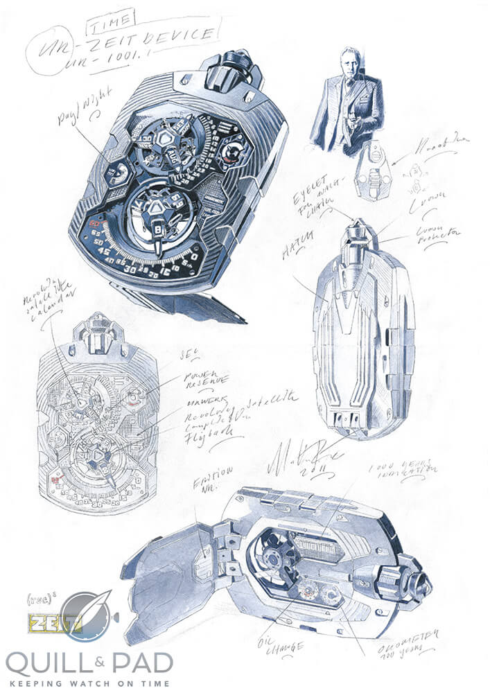 Marin Frei's sketches of the Urwerk UR-1001 Zeit Device