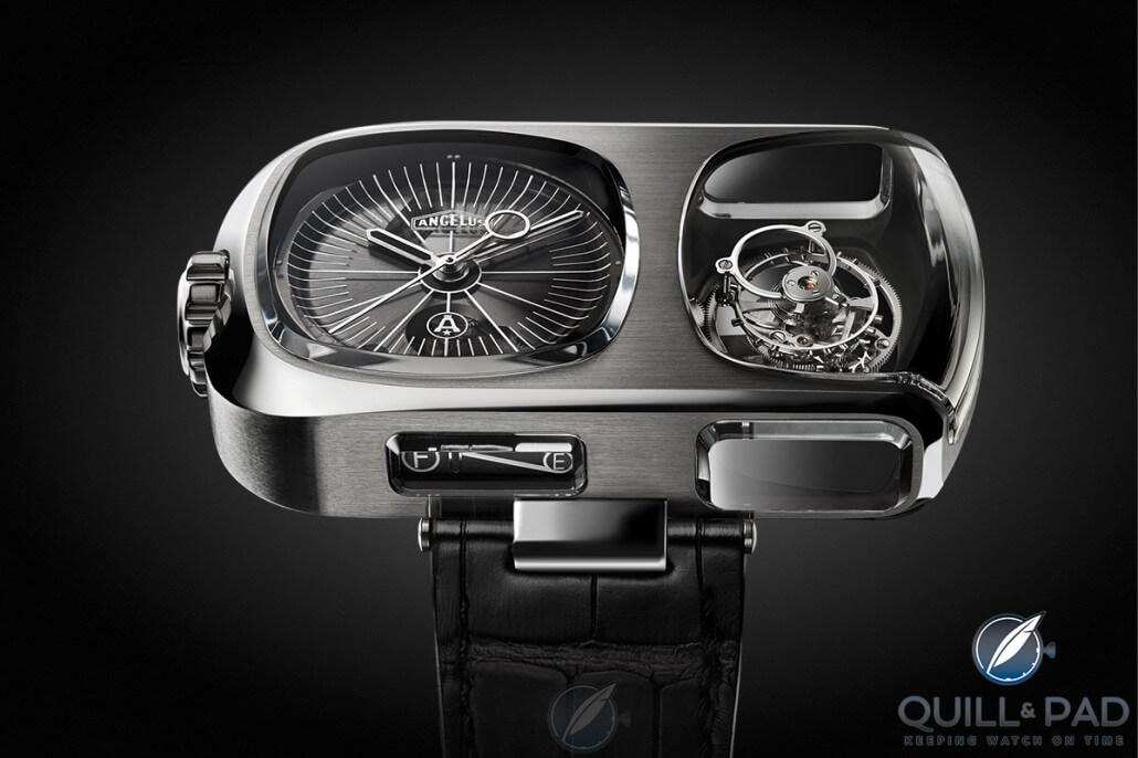 U10 Tourbillon Lumière by Angelus; you can just see the fuel gauge-like power reserve indicator on the case band